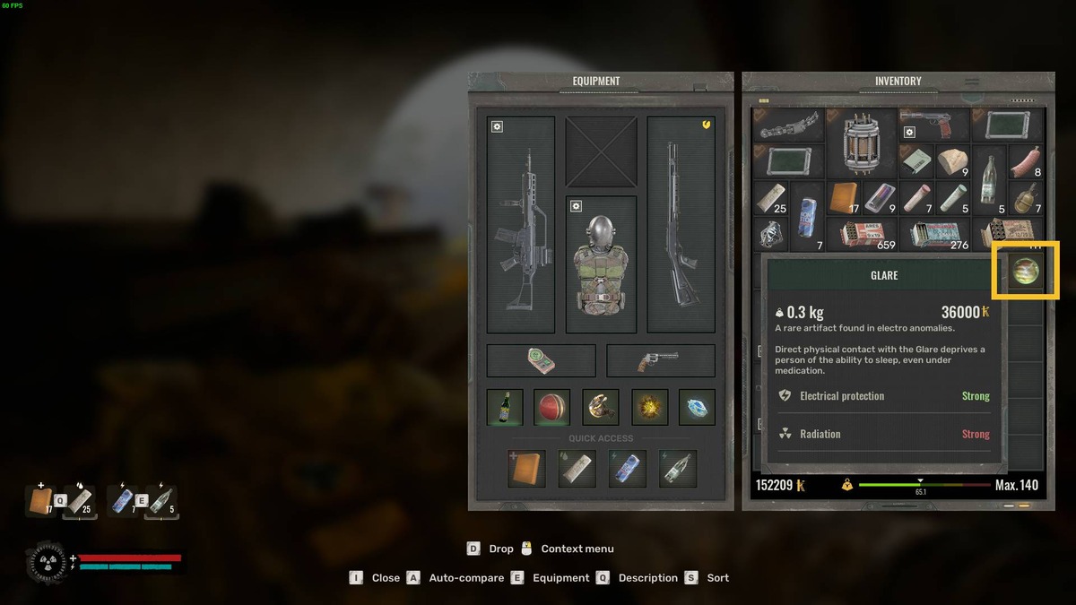 Stalker 2 artifact locations: Glare artifact stats.