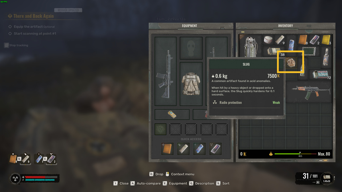 How to get artifacts from anomalies in Stalker 2: inventory menu.