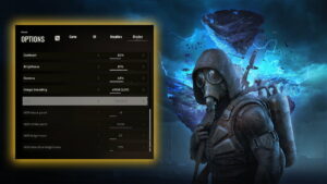 Image of the gas-masked and hooded stalker from Stalker 2, with the game's graphics settings screenshot in the left side, surrounded by yellow glowing outline.