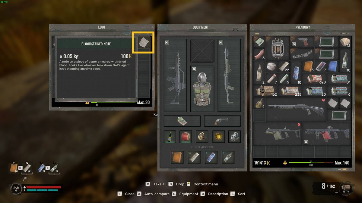 Stalker 2 Business with Owl quest walkthrough: inventory menu.
