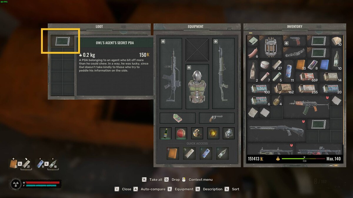 Stalker 2 Business with Owl quest walkthrough: inventory menu.