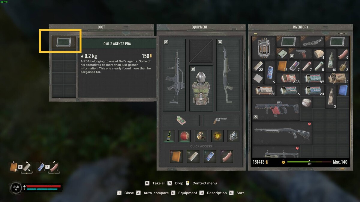 Stalker 2 Business with Owl quest walkthrough: inventory menu.