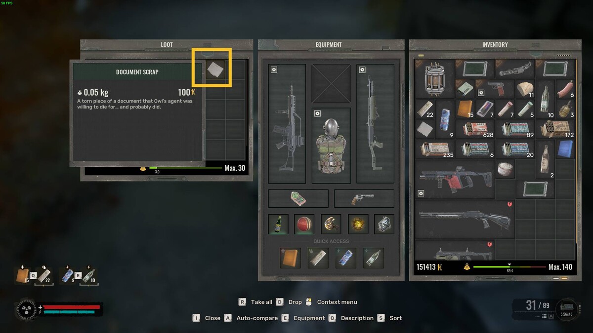 Stalker 2 Business with Owl quest walkthrough: inventory menu.