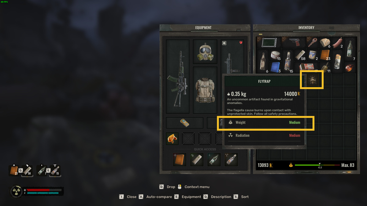 How to increase carry weight in Stalker 2: inventory menu.