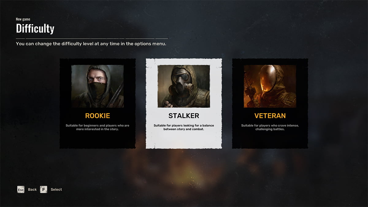 Image of the three difficulty settings in Stalker 2 Heart of Chornobyl.