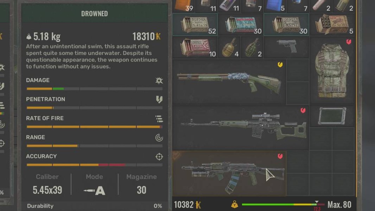 Stalker 2 Drowned weapon: inventory menu.