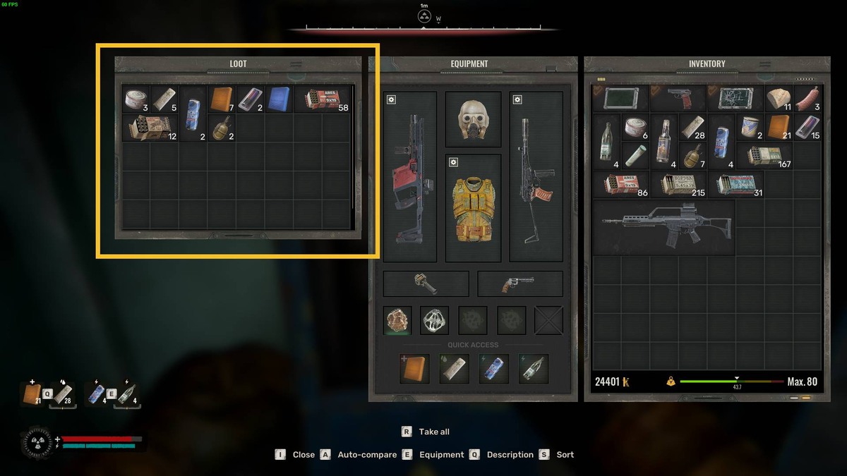 Stalker 2 Electric Field Safe: inventory menu.