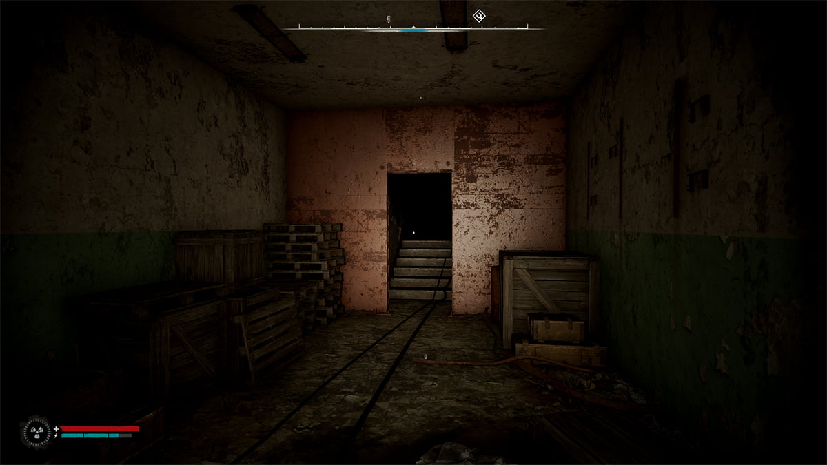 Image of the flashlight illuminating a dingy building including a doorway and stairwell in Stalker 2.