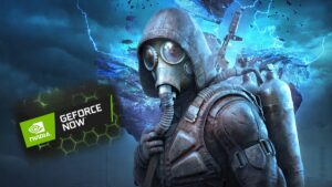 Image of a man in a gas mask and hood holding a rifle on a blue background from Stalker 2 Heart of Chornobyl, with the GeForce NOW sign superimposed next to him.