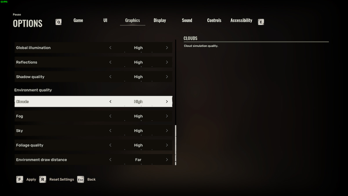 Image of the environmental settings in the Graphics tab in Stalker 2 options.