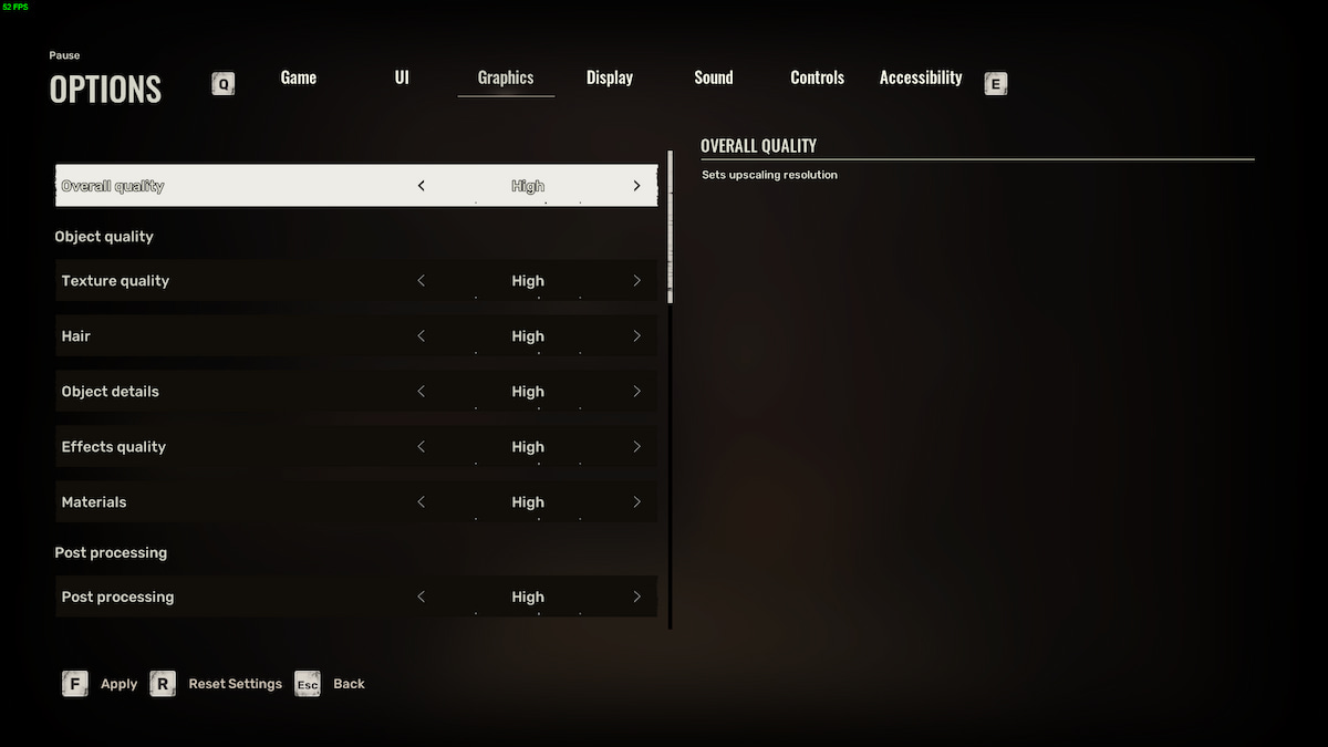 Image of the quality settings in the Graphics tab in Stalker 2 options.