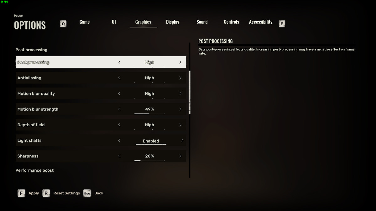 Image of the post-processing in the Graphics tab in Stalker 2 options.