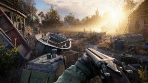 How long to beat Stalker 2: stalker exploring a misty area near a shack.
