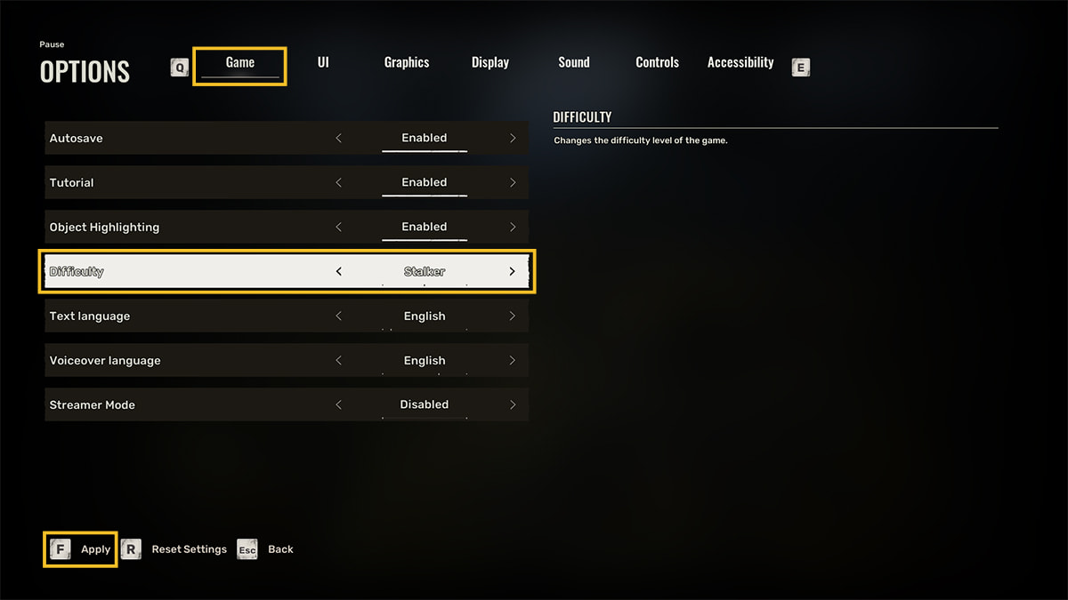 Image of the in-game options in Stalker 2, focusing on how to change the difficulty settings mid-game.