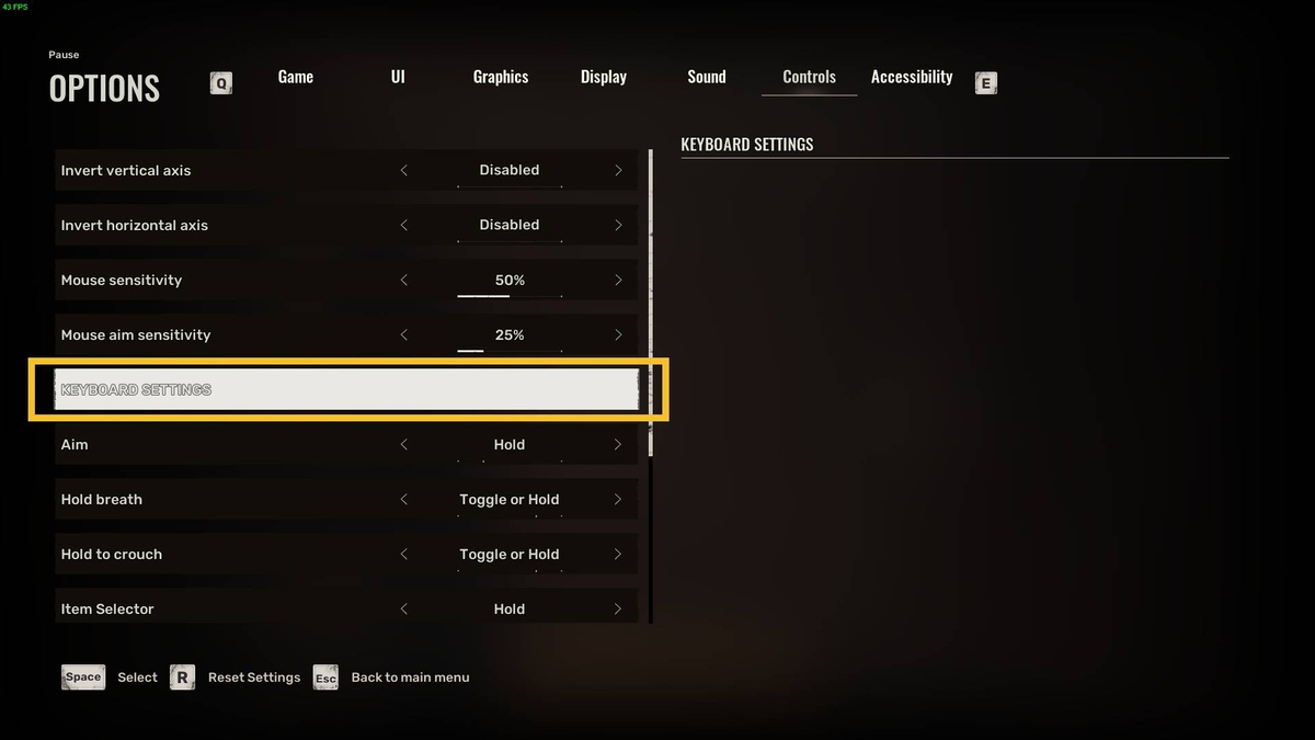 Stalker 2 best keybinds and controls: Controls options menu.
