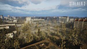 Image of a ruined plaza in Chernobyl in the game Stalker 2: Heart of Chornobyl.