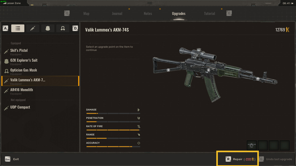 How to repair armor and weapons in Stalker 2: Technician upgrade menu.