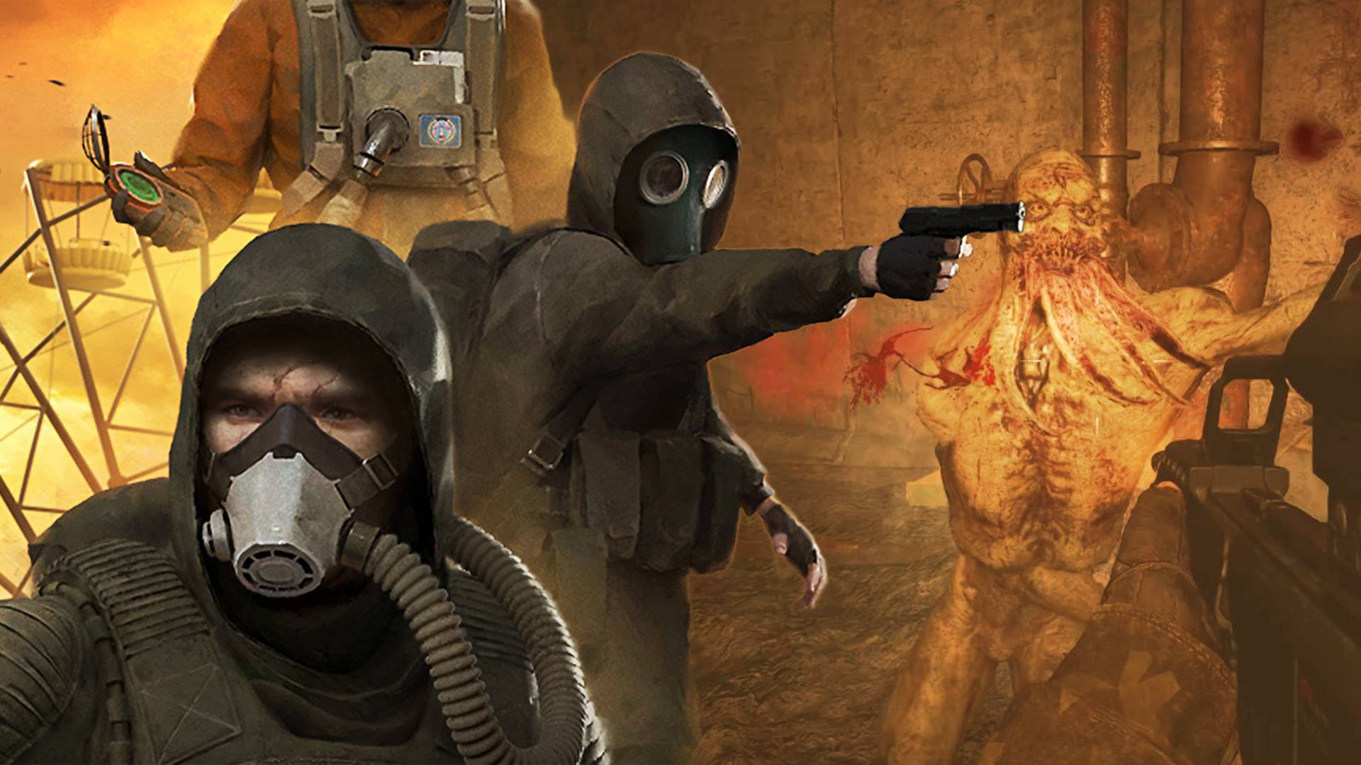 Stalker 2 keyart next to a first-person screenshot of a mutant
