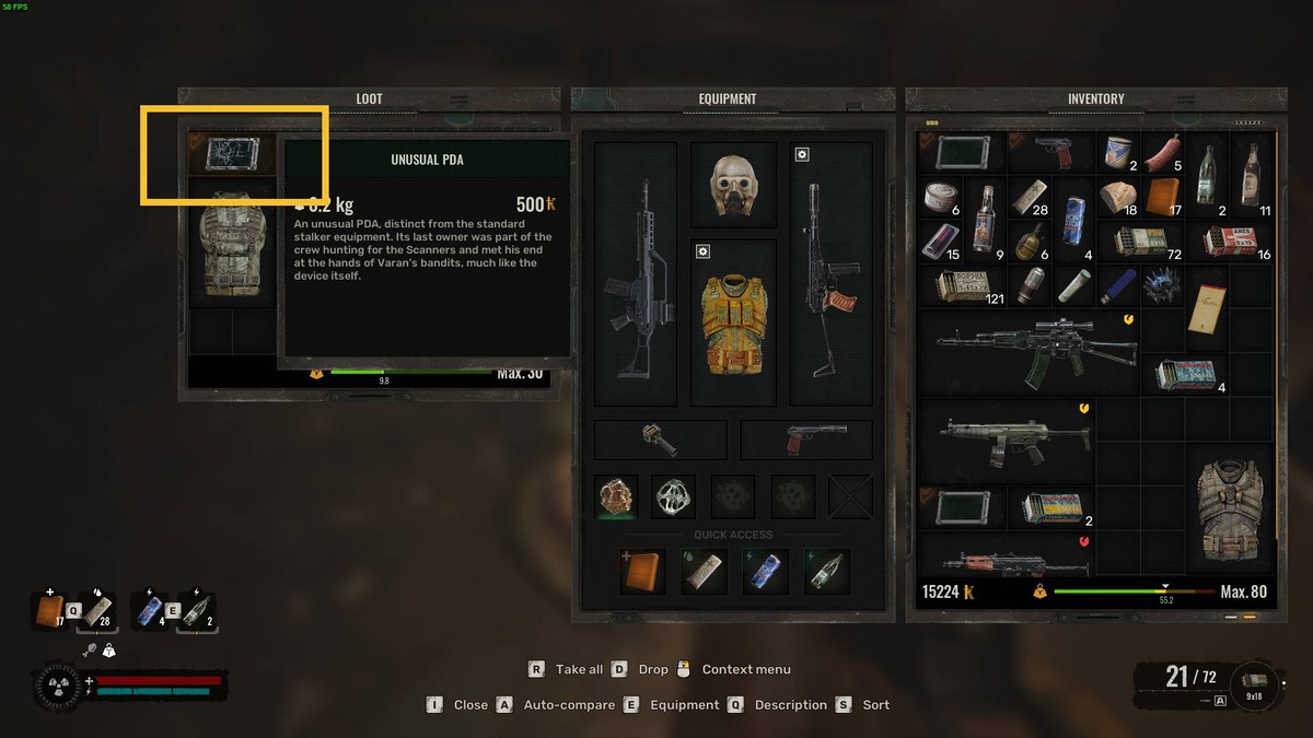 Kill Shah or Roosevelt Stalker 2: inventory menu.
