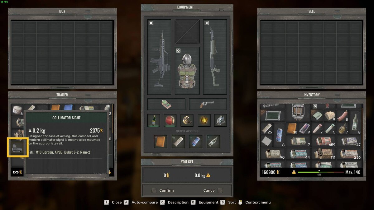 Stalker 2 weapon attachments: inventory menu.