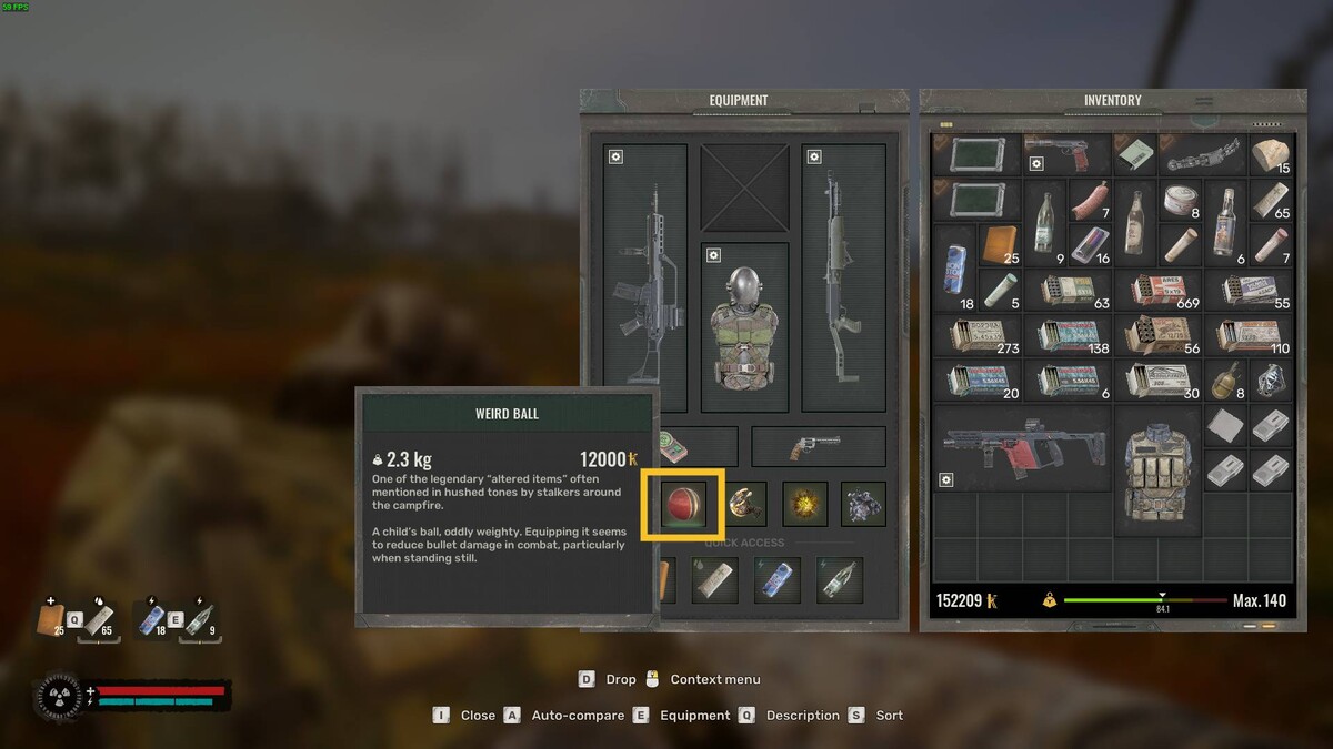 Stalker 2 Weird Ball: inventory menu.