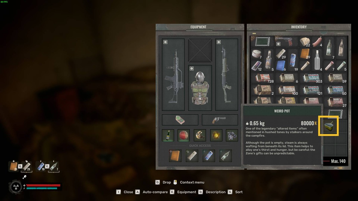 Stalker 2 Weird Pot: inventory menu.