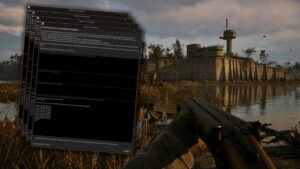 Image of a player in Stalker 2 with a shotgun in front of a fortified settlement on a lake, with crash windows on the left side of the screen.