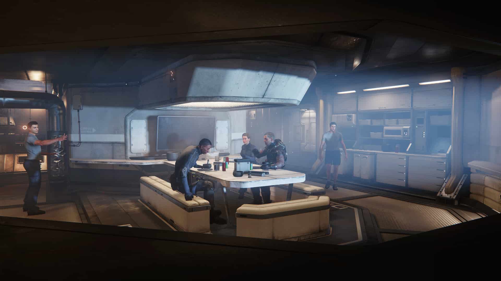 Star Citizen how to change primary residence: Several people sitting around a table and eating.