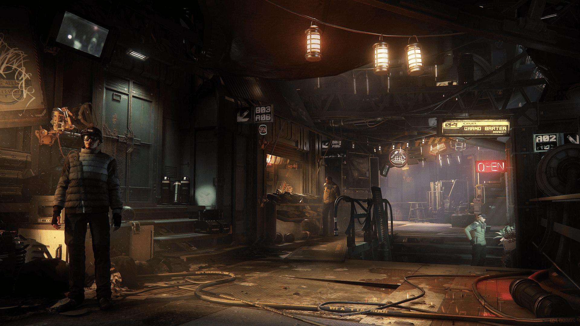 Star Citizen system requirements: A few people standing around a run-down alleyway.