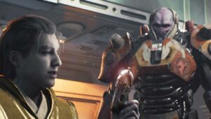 Star Wars Jedi Survivor bosses: Rayvis stood behind another character.