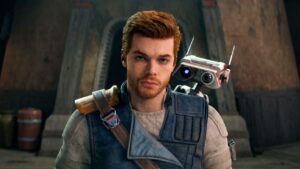 Star Wars Jedi Survivor collectibles: Cal looking directly into the camera with BD-1 on his shoulder.