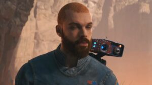 Star Wars Jedi Survivor Devastated Settlement: Cal with BD-1 on his shoulder.