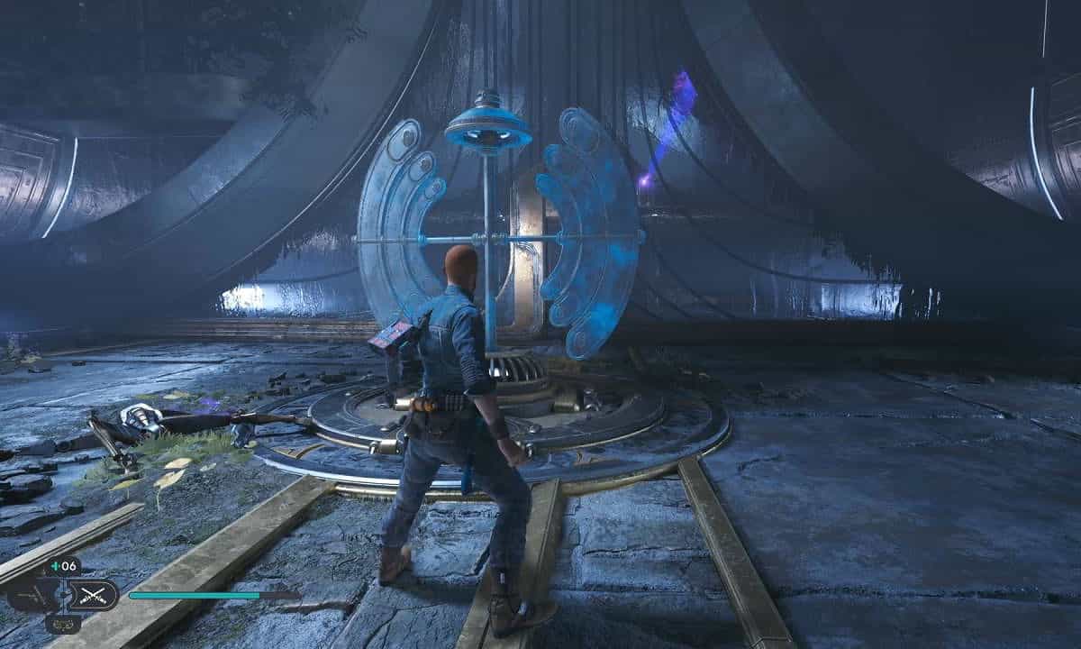Star Wars Jedi Survivor Devastated Settlement: Cal stood in front of the pole he needs to push with the Force to move the orb coupler.