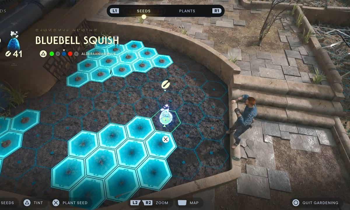 Star Wars Jedi Survivor review: Cal planting some Bluebell Squish plants on the saloon roof.