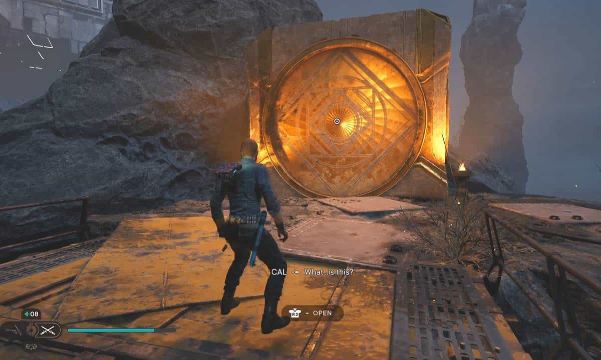 Star Wars Jedi Survivor review: Cal stood in front of the entrance to a Jedi Chamber in Viscid Bog.