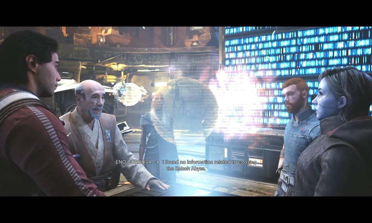 Star Wars Jedi Survivor review: Cal, Merrin, Cere, Bode, and Eno Cordova stood around a holotable.