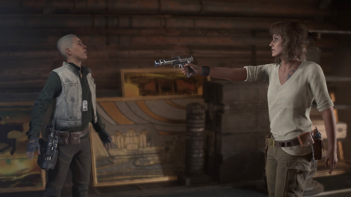 Image of Kay aiming her blaster at another person in Star Wars Outlaws.