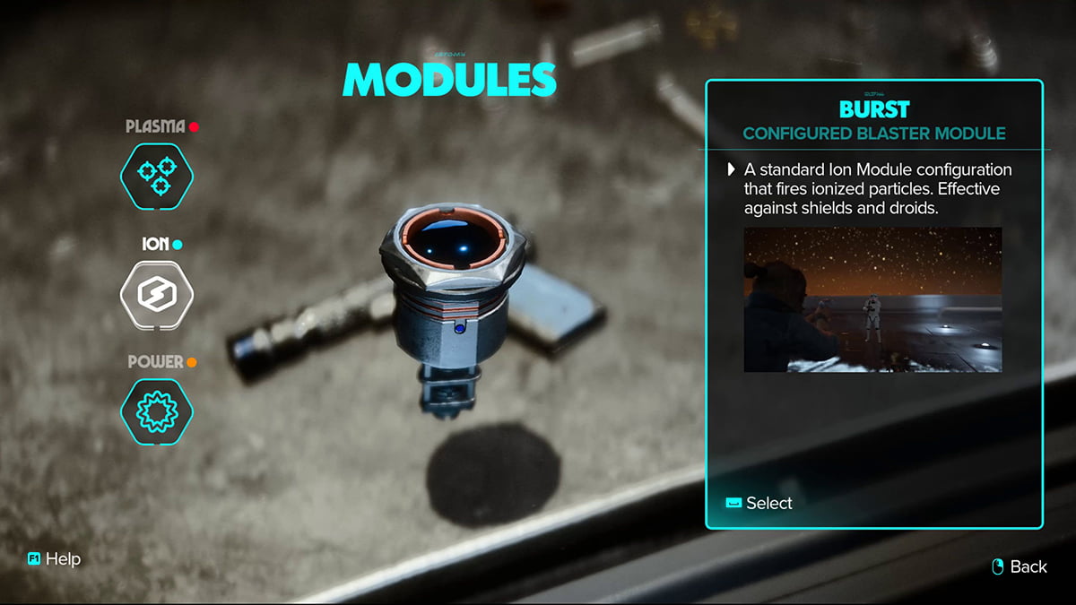 Image of the Ion module upgrade list in Star Wars Outlaws.
