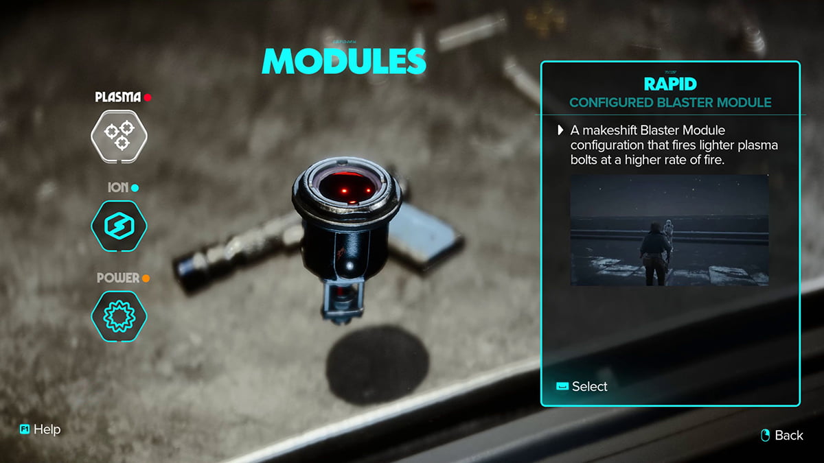 Image of the Plasma module upgrade list in Star Wars Outlaws.