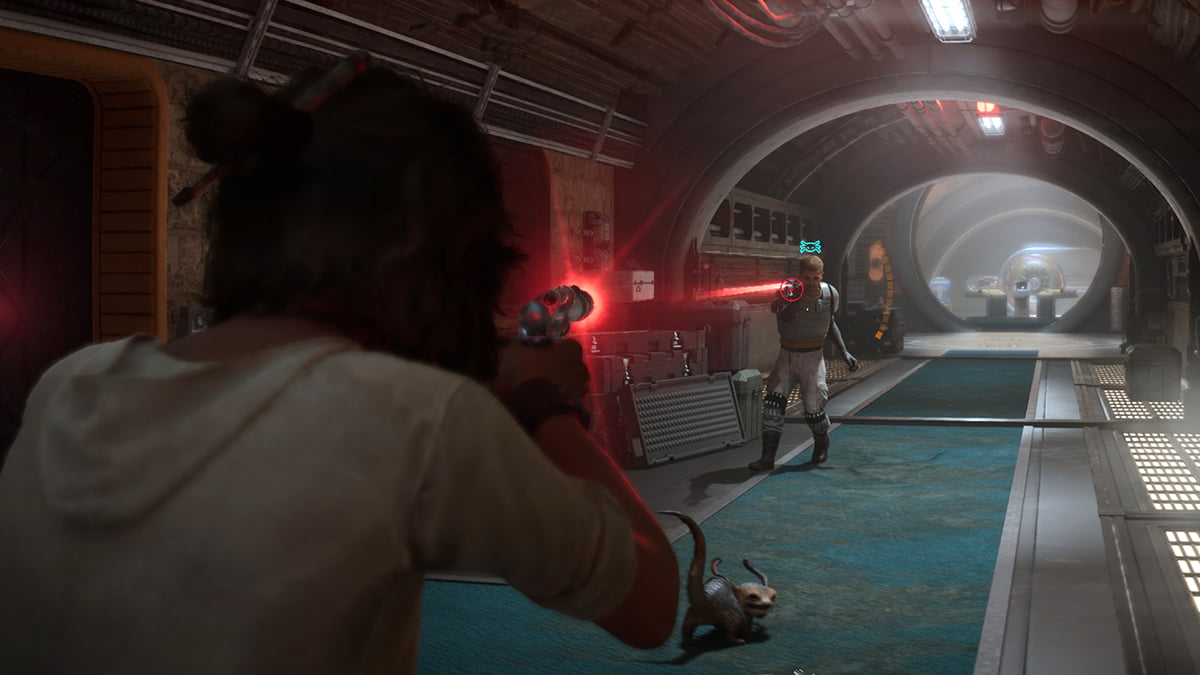 Image of Kay in a firefight in Star Wars Outlaws.
