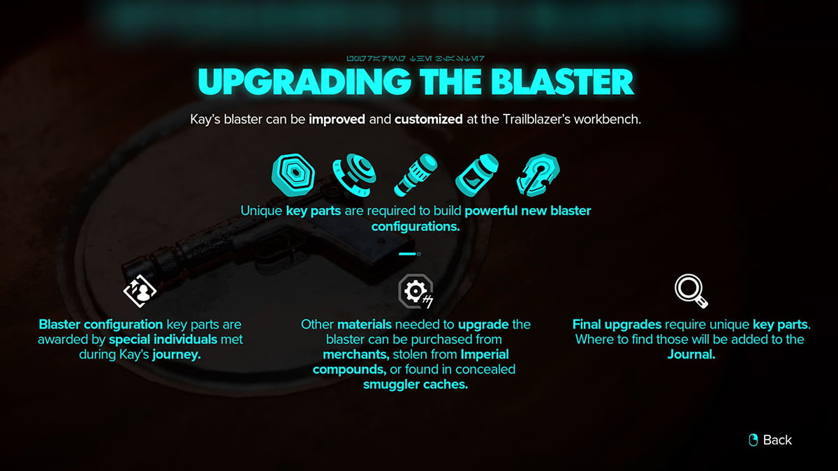 Image of the blaster upgrade instructions in Star Wars Outlaws.