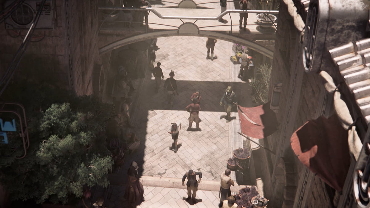 Image of a busy street of Canto Bight on Cantonica, with young Kay Vess running in Star Wars Outlaws.