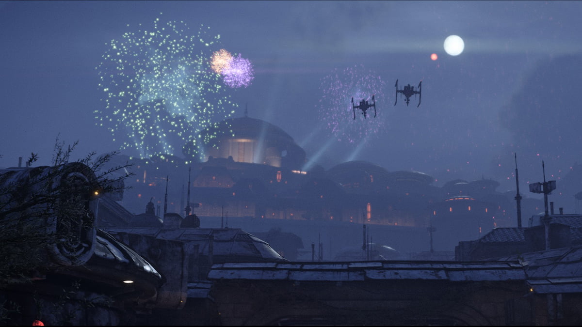 Image of the celebration fireworks, with spaceships flying and panorama of the palace on Canto Bight in Star Wars Outlaws.