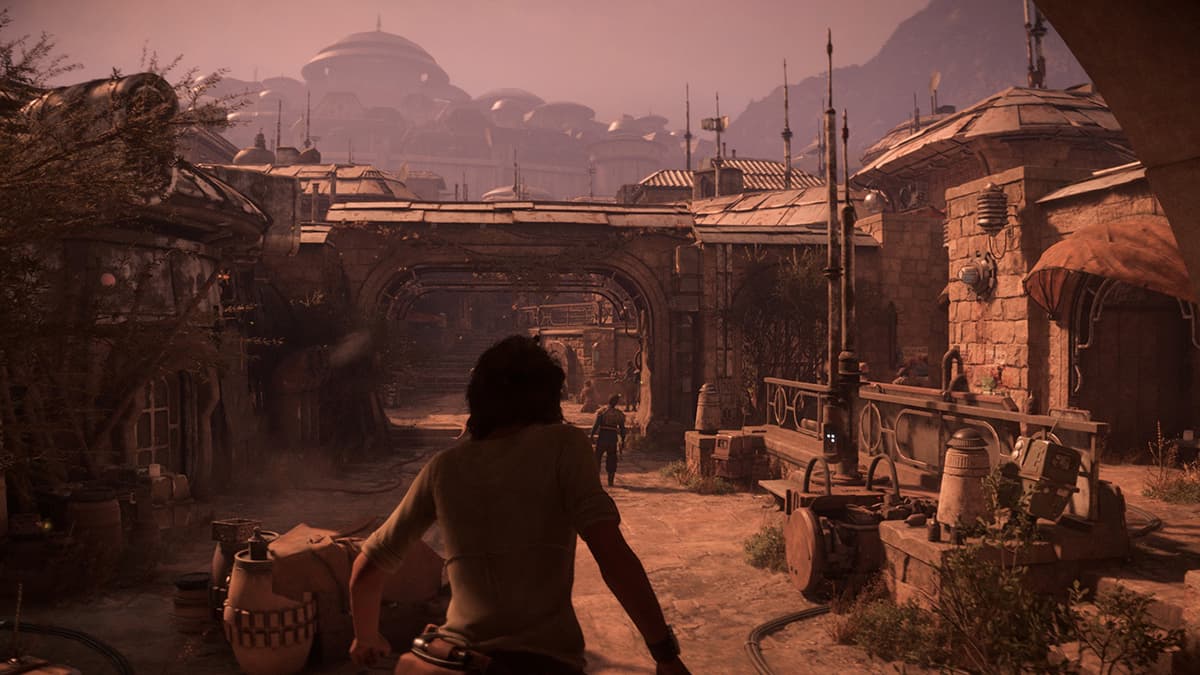 Image of Canto Bight on Cantonica in Star Wars Outlaws, taken during the day with Kay in the foreground.