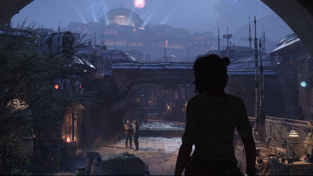 Image of Kay, silhouetted against the panorama of Canto Bight in Star Wars Outlaws.