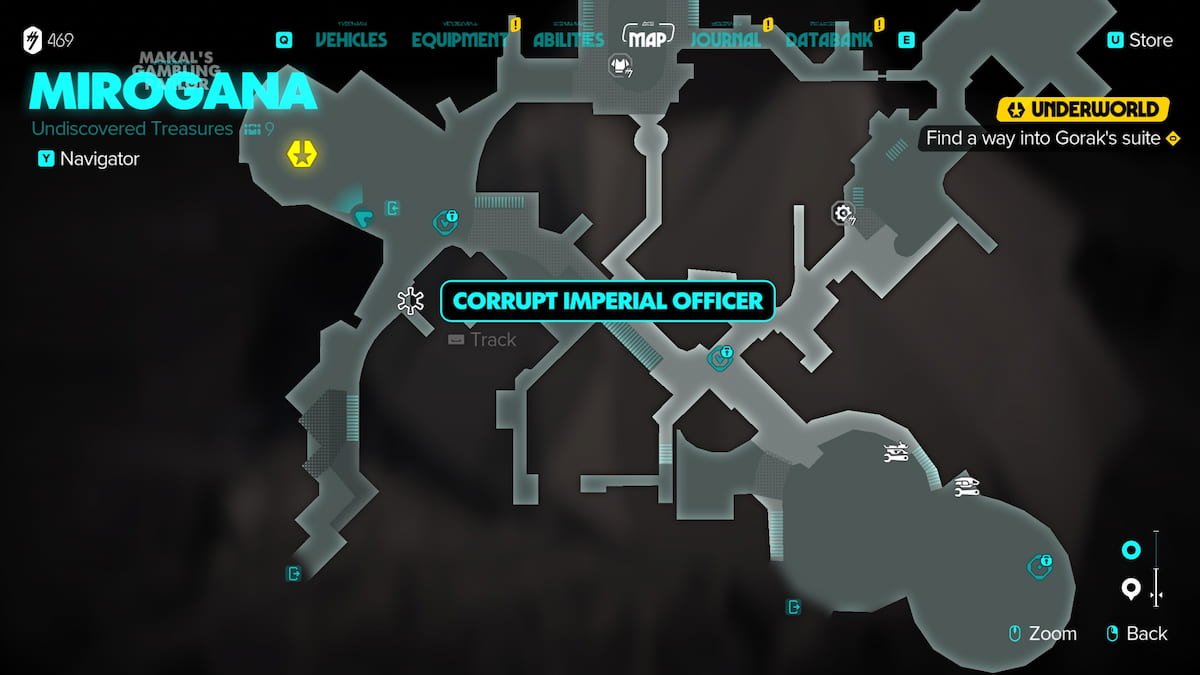 Image of the city map in Star Wars Outlaws, highlighting the Corrupt Imperial Officer.