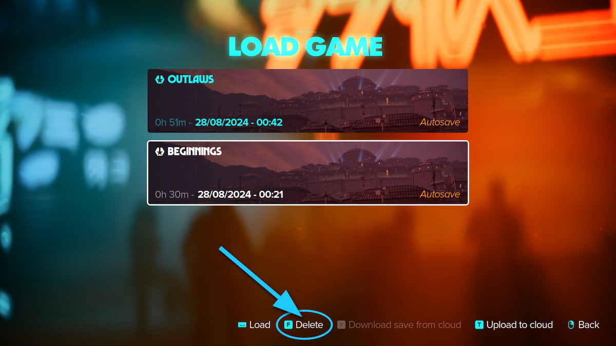 Image of the Load Game screen in Star Wars Outlaws, highlighting the Delete button.
