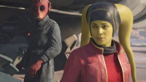 Star Wars Outlaws False Flag: Elleera and Wako standing next to the Trailblazer.