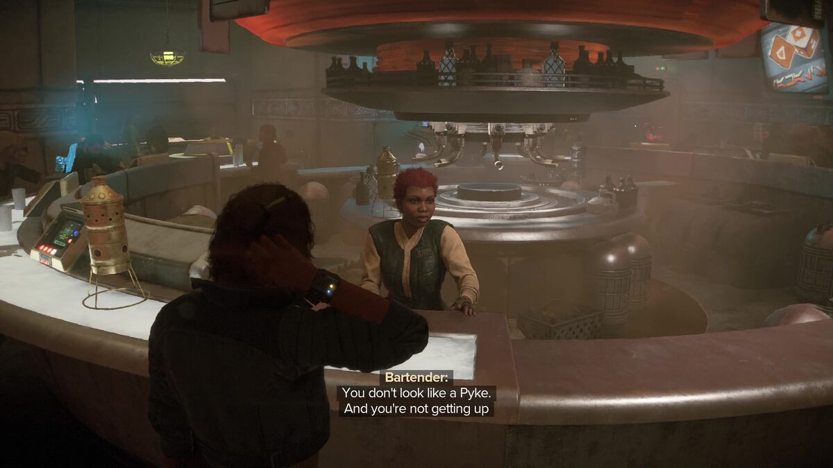 Star Wars Outlaws how to get into Gorak's suite: Key Vess talking to a bartender in a cantina.