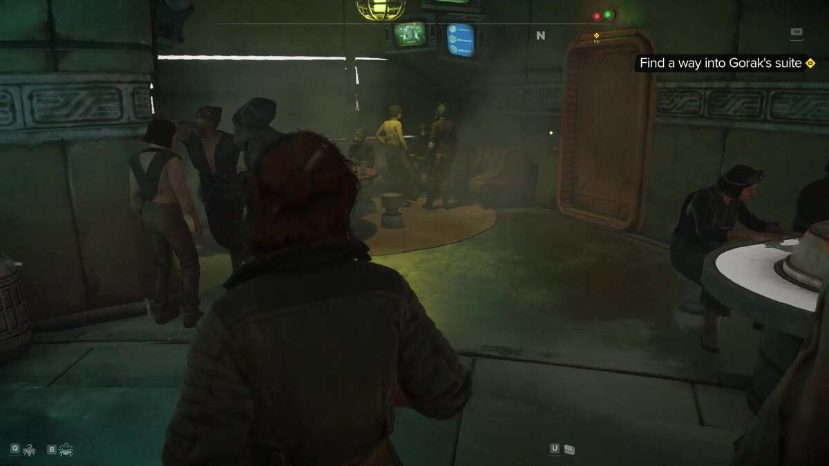 Star Wars Outlaws how to get into Gorak's suite: Kay Vess walking towards an orange door surrounded by busy tables.